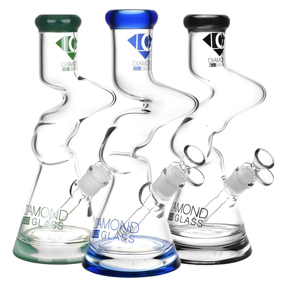 Diamond Glass Gold Zong Beaker Water Pipe - 11" / 14mm F / Colors Vary